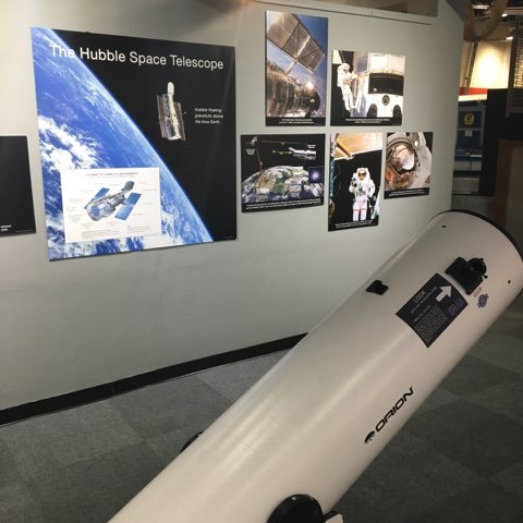 In addition to the murals of the Hubble Space Telescope, visitors can learn more about the famous telescope through educational panels and images including photos of the Hubble floating gracefully above the Earth as well as photos of astronauts on various missions over the years servicing the space telescope.